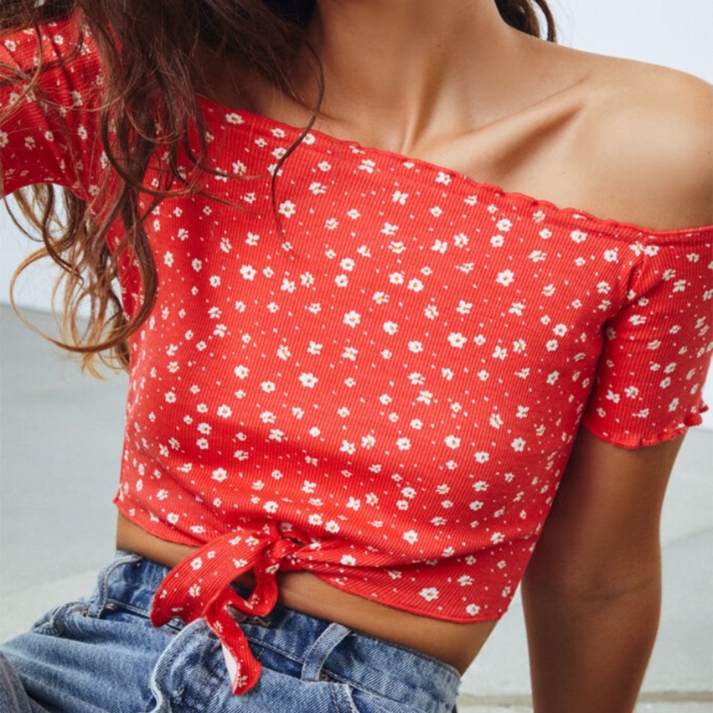 red floral off the shoulder crop top